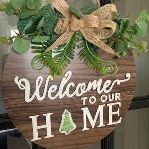 Interchangeable Seasonal Welcome Sign Front Door Decoration, Rustic Round Wood